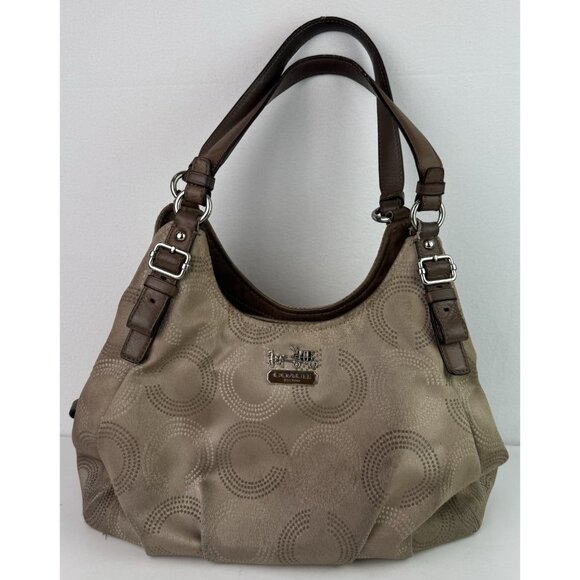 Coach Madison Dotted Op Art Maggie Shoulder Bag Purse Tan Sateen K1020-16505 GUC - Picture 1 of 16